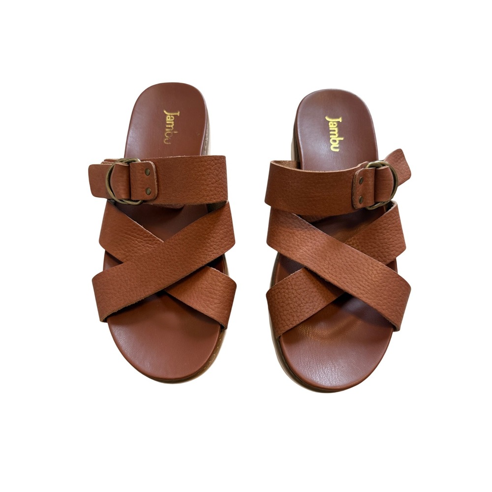 Jambu Brown Leather‎ Platform Sandals Sz 7.5-8 Crisscross Buckle-Pre-Loved